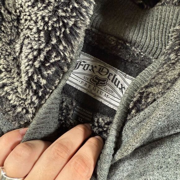 Fox Racing DELUXE Full Zip Hoodie Sherpa Faux Fur Y2K Grunge Men’s Gray - Picture 7 of 10